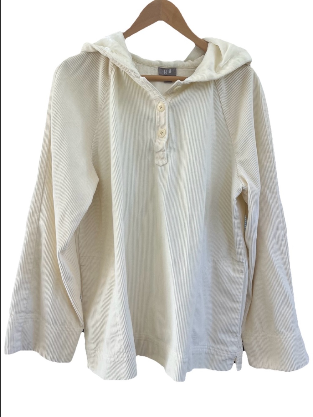 J Jill Women’s Cream Corduroy Pullover Hoodie Henley Sweatshirt L Neutral